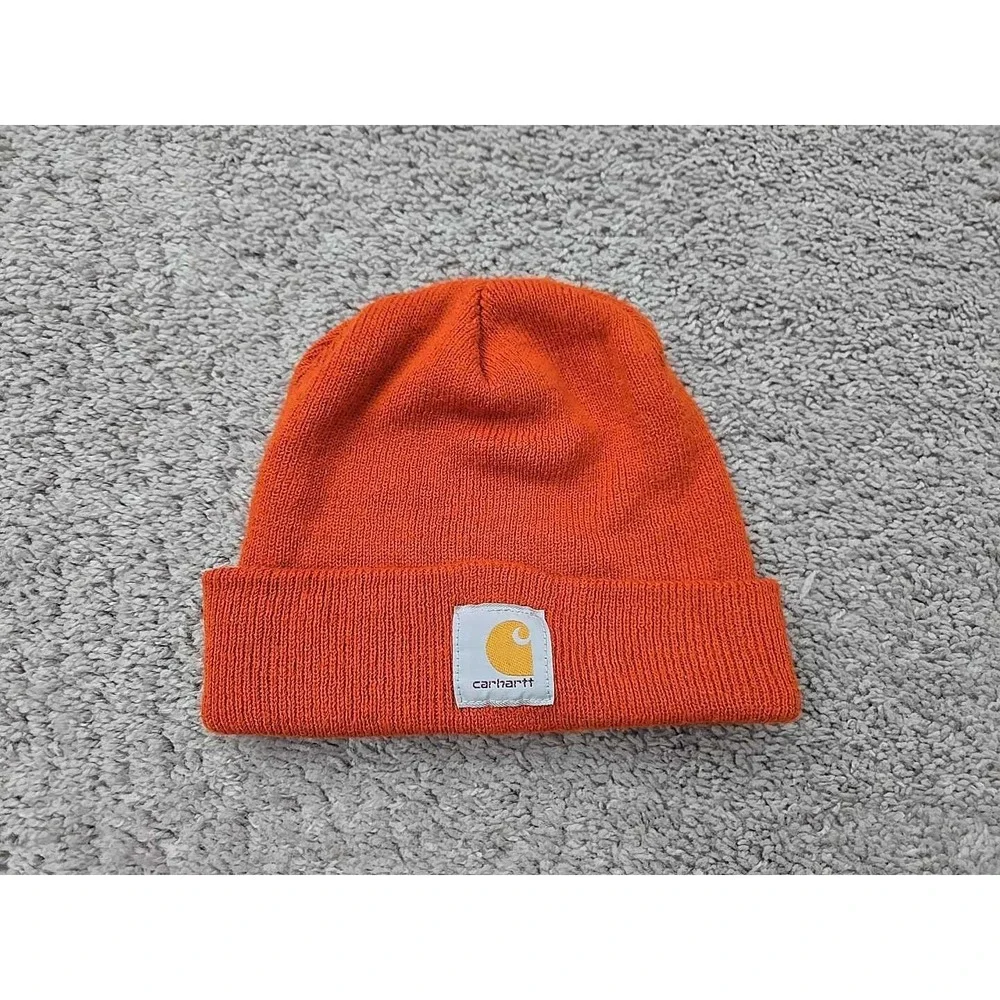 Carhartt‎ Beanie Mens OSFA Orange Logo Ribbed Knit Cuffed